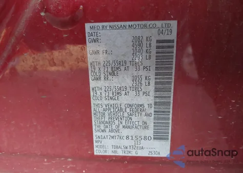 2019 Nissan Rogue Sl z USA, uszkodzony, nr VIN 5N1AT2MT7KC815580